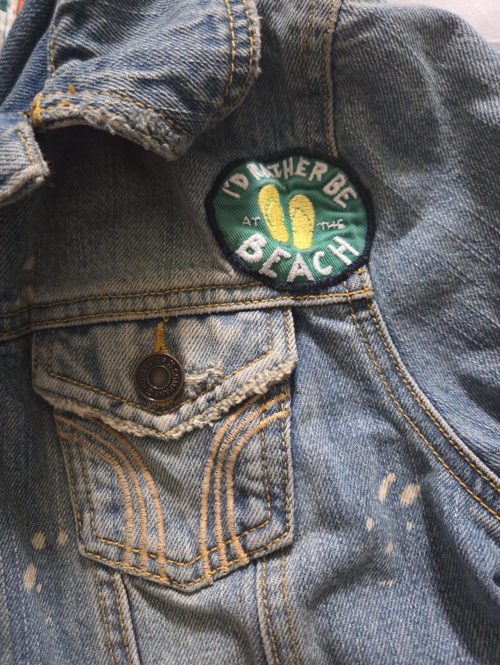 Vtf Y2K Cropped Distressed Denim Hollistet Jacket with Patches - Blue, Size M - Picture 3 of 9